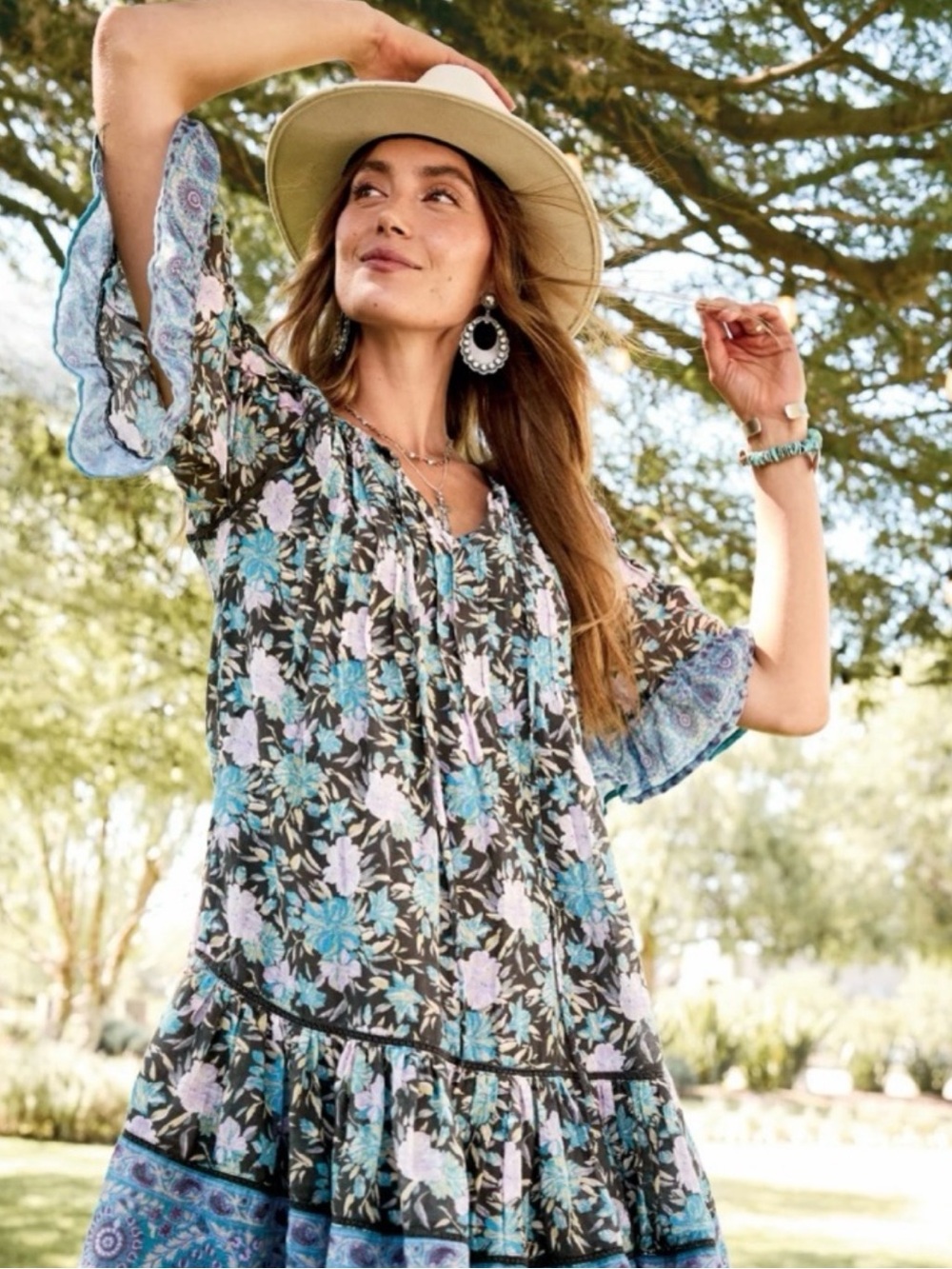NWT Sundance Aisha Floral Tiered Dress Soft Cotton. POCKETS and Separate Lining